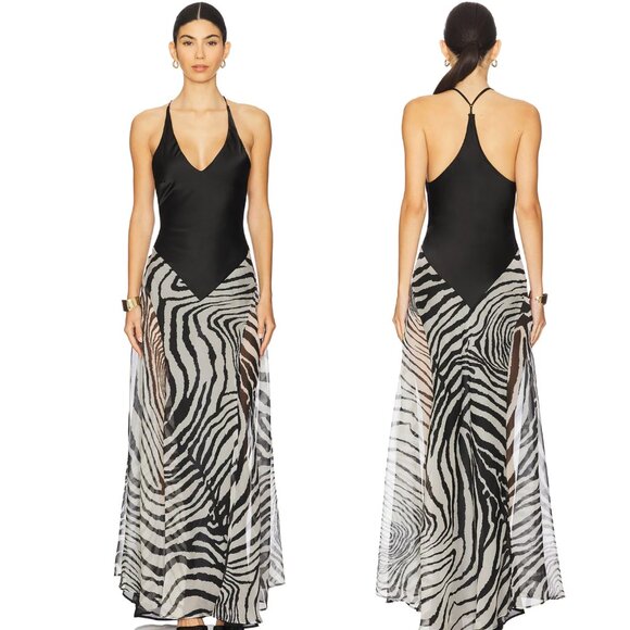 NEW DELFI Antonella Maxi Dress in Zebra Print Silk Black & White Resort Small S - Picture 1 of 2